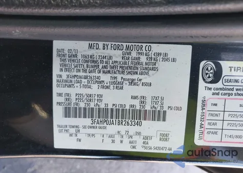 2011 Ford Fusion Sel z USA, uszkodzony, nr VIN 3FAHP0JA1BR263340